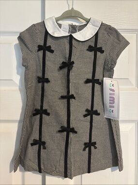 Girls Black & White Houndstooth Dress with White Peter Pan Collar